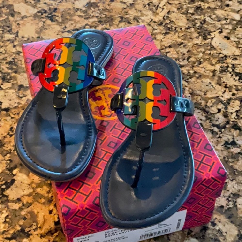 TORY BURCH MILLER PRINTED LEATHER/PATENT LEATHER SANDAL